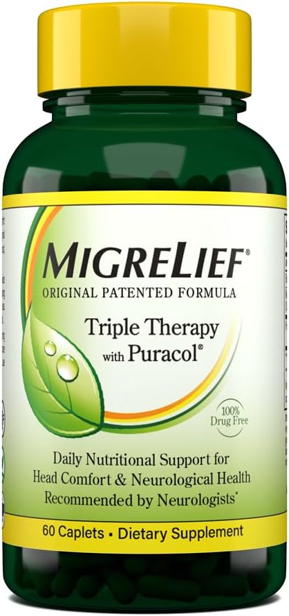 MigreLief Original Triple Therapy with Puracol - Nutritional Support for Migraine Sufferers - 60 Caplets/1 Month Supply