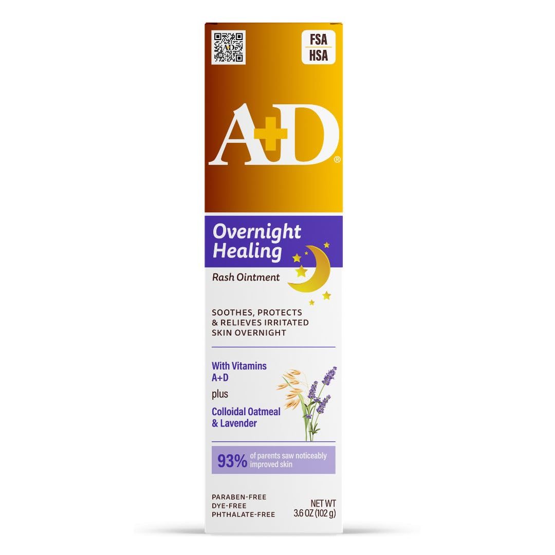 A+D Overnight Healing Diaper Rash Ointment, with Vitamins, Lavender, 3.6 Oz | Soothes, Protects and Relieves Irritated Skin Overnight with Vitamins A and D, Colloidal Oatmeal & Lavender