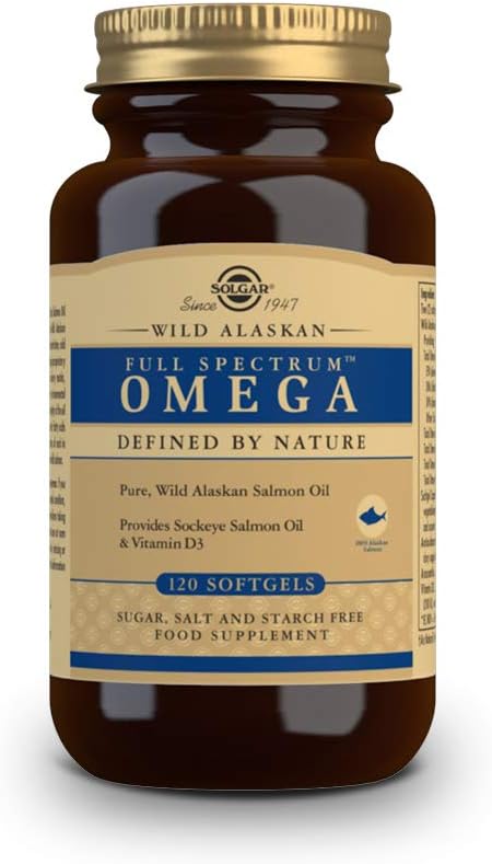 SOLGAR - Full Spectrum Omega - Wild Alaskan Salmon Oil - Omega 3, 5, 6, 7, 9, Vitamin D3 and Astaxanthin - Cardiac, Brain, Visual and Immune Support - 120 Softgels