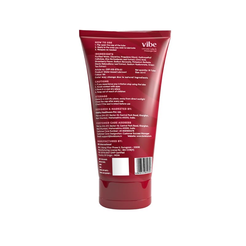 Bold Care Vibe Strawberry - Personal Lubricant for Men and Women - Premium Strawberry Flavour - Water Based Lube - Skin Friendly, Silicone and Paraben Free - No Side Effects - 50 ml
