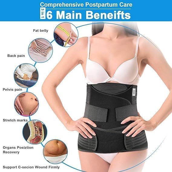 Amazon Brand - Solimo 3-In-1 Postpartum Belly Band Post Pregnancy Abdominal Belt After Delivery Waist & Pelvis Slimming Shapewear Tummy Reduction (Free Size) (BLACK)