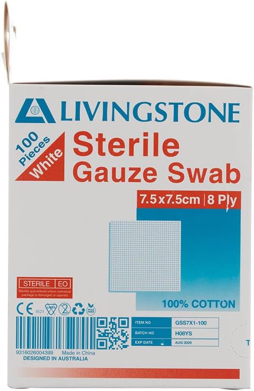 Liv Gauze Swabs 7.5 x 7.5 cm x 8 ply Sterile White 1 Piece/Pack 100 Packs/Dispenser Box