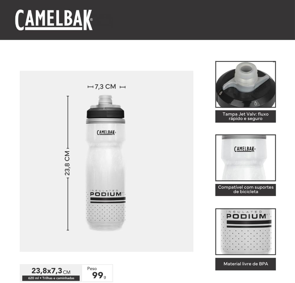 CamelBak Podium Chill Insulated Bike Squeeze Water Bottle, Cold Retention for Cycling, 21oz, Black