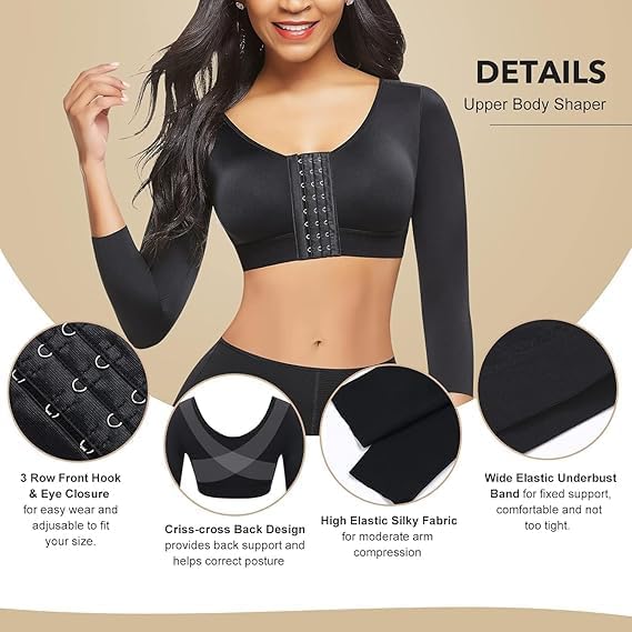 Women's Arm Shaper Tops Arm Lift Slimmer Compression Sleeves Support Garment Post Surgical Corrector, Slimming Arm Front Closure Shapewear Bra (SIZE L)