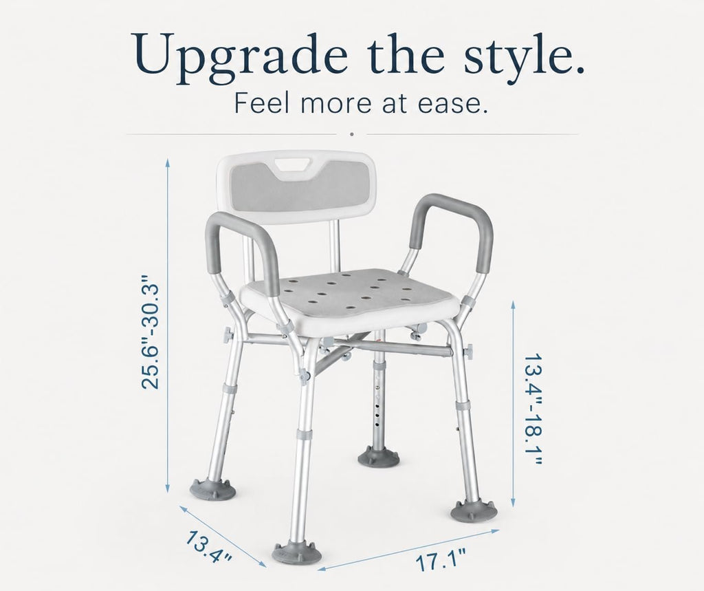 550lb Adjustable Shower Chair with Arms, Back and Suction Cup Feet | 6 height settings from13.4–18.1in, reinforced crossbars and tool-free assembly for easier setup and daily bathing.