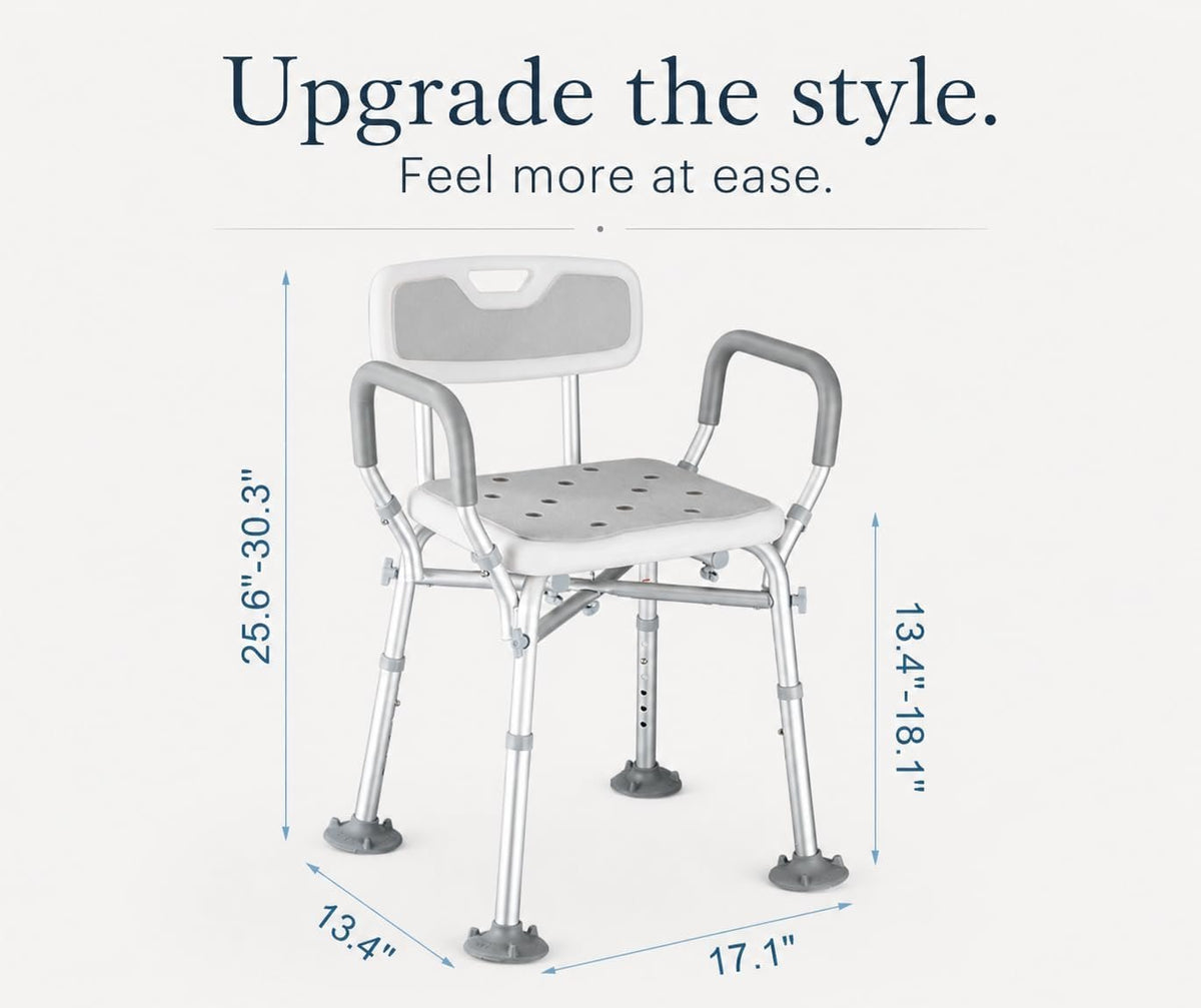 550lb Adjustable Shower Chair with Arms, Back and Suction Cup Feet | 6 height settings from13.4–18.1in, reinforced crossbars and tool-free assembly for easier setup and daily bathing.