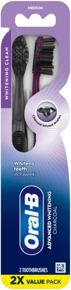 Oral-B 3D White Charcoal Manual Toothbrush, 2-Pack, Medium Bristles, Teeth Whitening Brushes for Adults