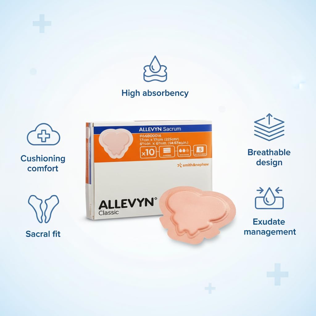 Allevyn Sacrum Classic S & N 17 cm x 17 cm, Advanced Hydrocellular Foam Dressing for Bed Sores & Wound Care, 2 pcs