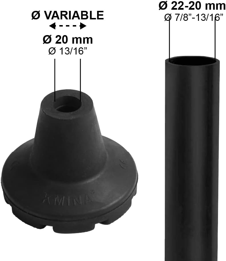 KMINA Crutch Tips 7/8 Inch (x2 Units), All Terrain Non-Slip Cane Tips, Heavy Duty Rubber Replacement, Wide Base Stability, Patented, Made in Europe