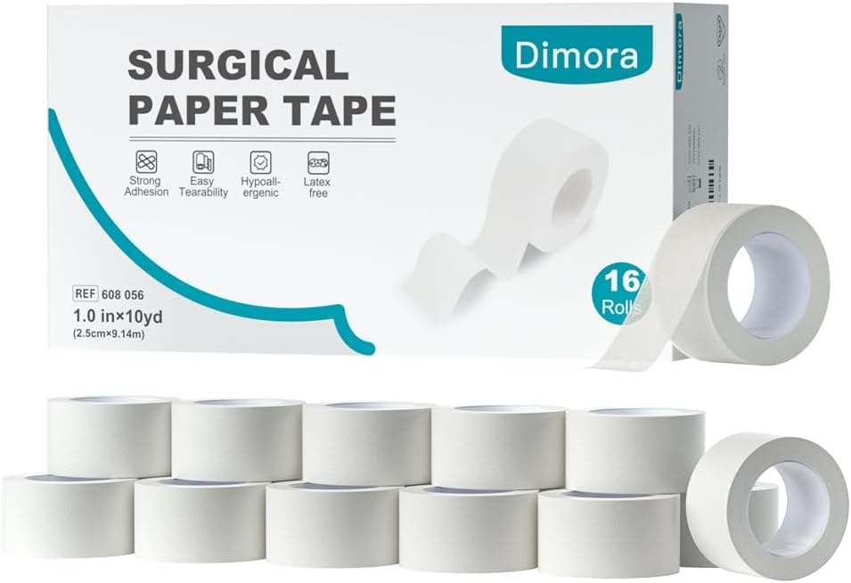 Dimora Paper Medical Tape, White, 16 Rolls, 1 Inch x 10 Yards | Hypoallergenic, For Sensitive Skin, Pain-Free Removal, Easy Tear, Waterproof