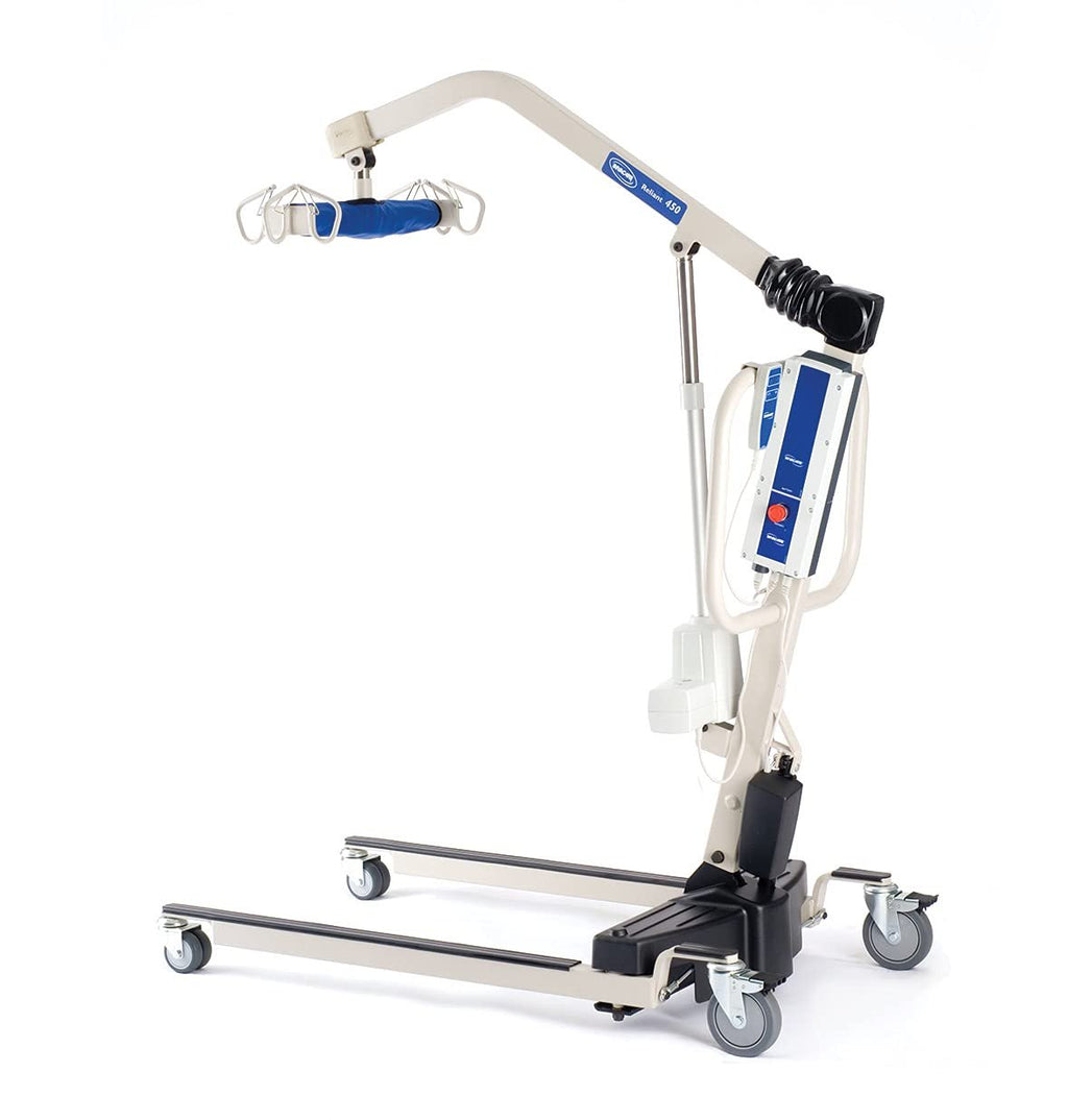 Invacare Reliant 450 Battery-Powered Patient Lift | 450 lb Capacity | Motorized Power-Opening Base | Includes 2 Batteries, Wall Charger, and Padded 6-Point Swivel Bar | Floor-to-High Bed Transfer