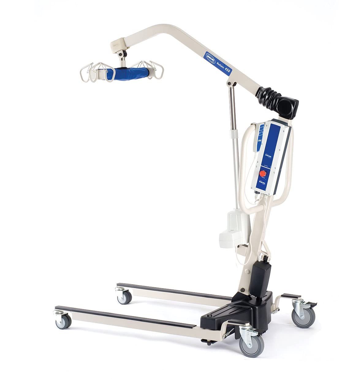 Invacare Reliant 450 Battery-Powered Patient Lift | 450 lb Capacity | Motorized Power-Opening Base | Includes 2 Batteries, Wall Charger, and Padded 6-Point Swivel Bar | Floor-to-High Bed Transfer