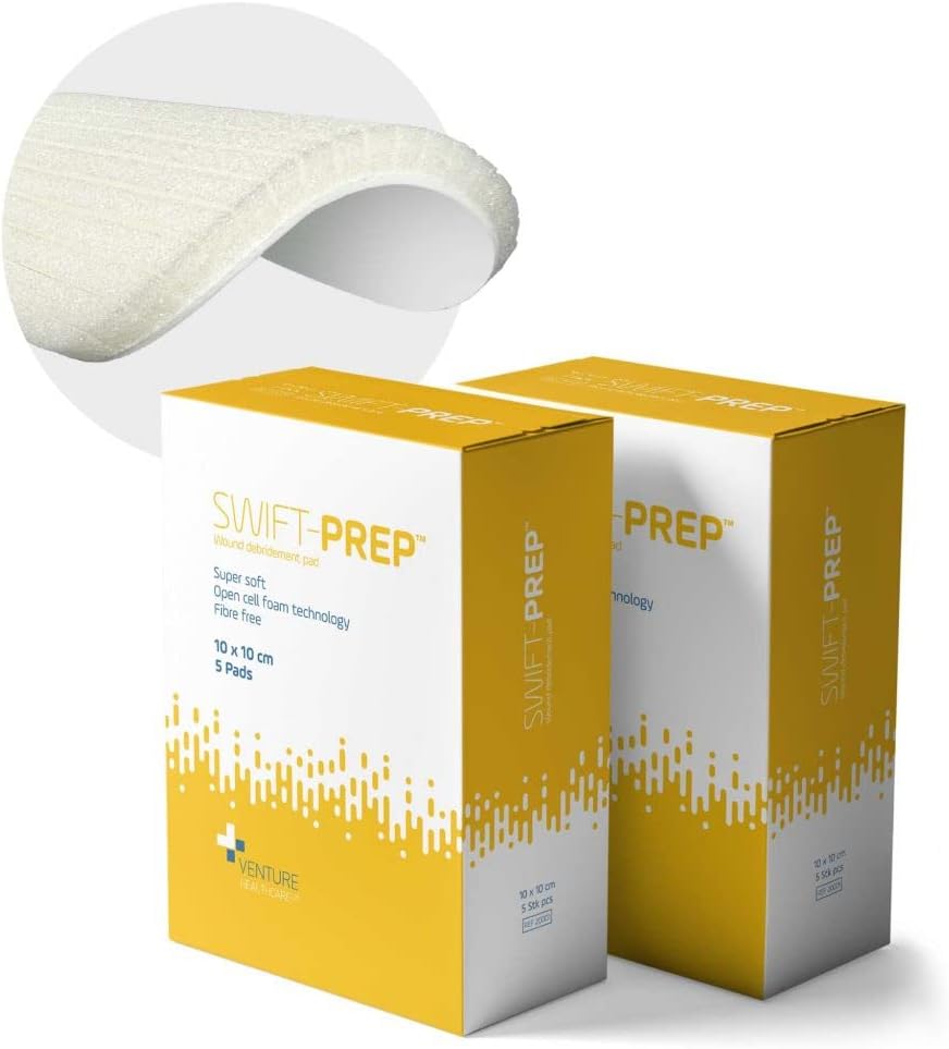 Swift-Prep Wound Debridement Pad - 10cm x 10cm - Pack of 5 - Super Soft - Fibre Free - Highly Absorbent - Non-Adhesive - Foam Dressing