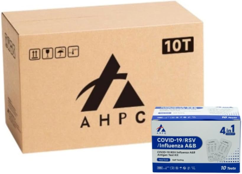 AHPC 4 in 1 COVID-19/RSV/Influenza A&B Antigen Test Kit - Rapid Antigen Test - COVID Flu RSV Kit with Nasal Swab - Convenient RAT Test - COVID Rapid Antigen for Home Use - Respiratory Testing - 1 Carton = 600 Tests (60 x 10 Pack)