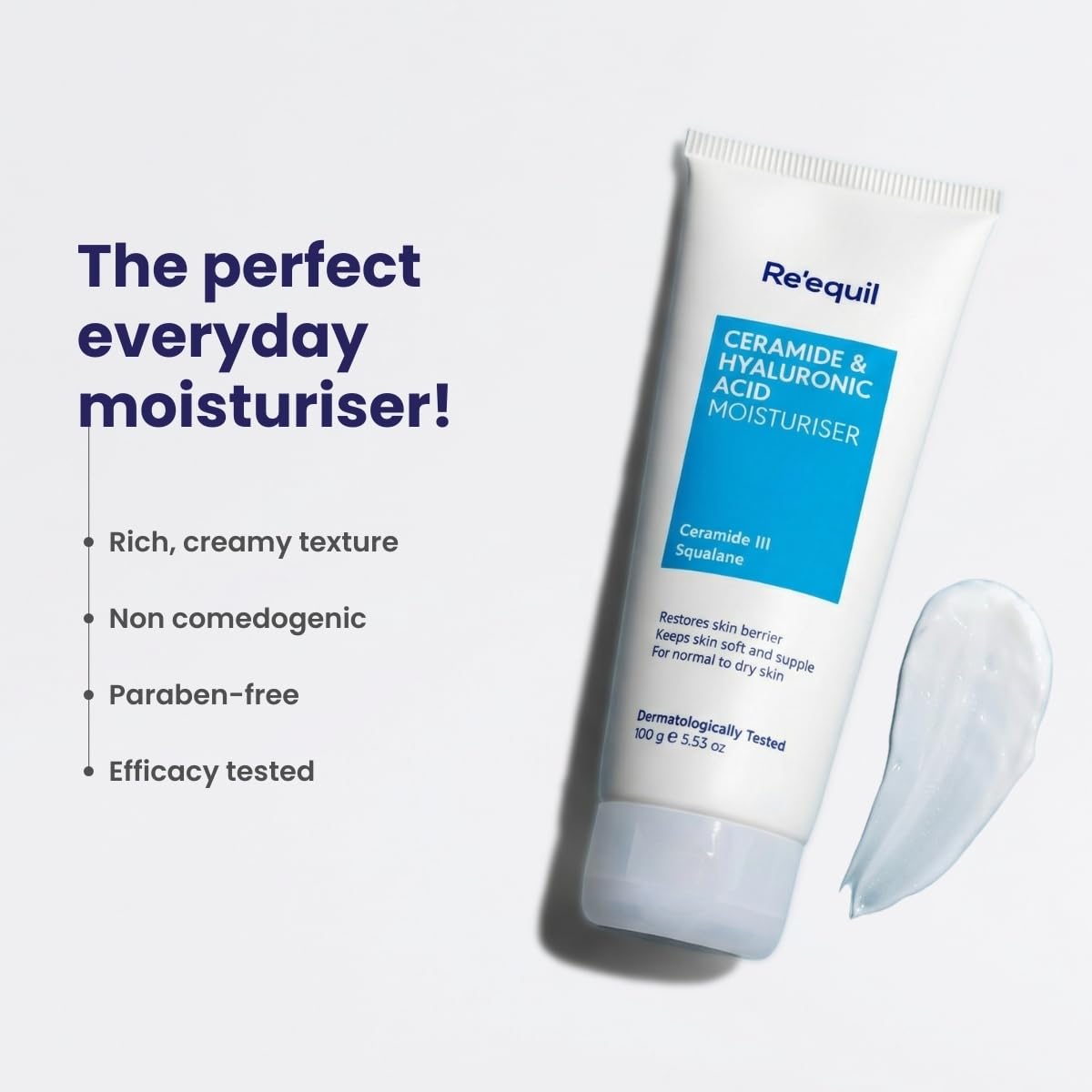 RE' EQUIL Ceramide & Hyaluronic Acid Moisturiser | Moisturizer For Face | Barrier Repair Cream | Long Lasting Hydration | Suitable For Normal To Dry Skin | 100G