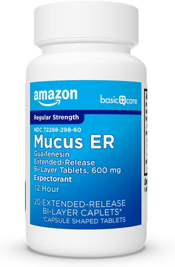 Amazon Basic Care Guaifenesin Extended-Release Tablets, 600 mg, 12 Hour Expectorant for Chest Congestion and Mucus Relief, 20 Count