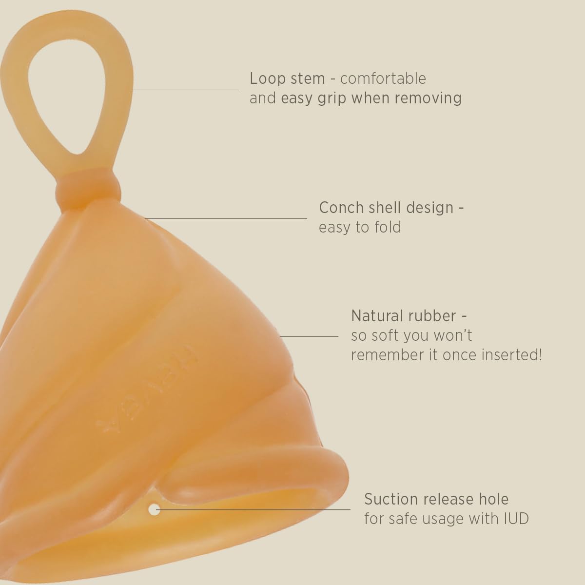 Hevea Loop Menstrual Cup Size 2 (Natural) - Made of 100% Natural Rubber - Softest Menstrual Cup, Use Up to 12 Hours