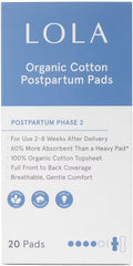 LOLA 100% Organic Cotton Postpartum Pads - 20 Count, Ultra Absorbent and Extra Long Pads, Overnight and Full Coverage, Adult Incontinence Pad for Women, Postpartum Essentials Phase 2