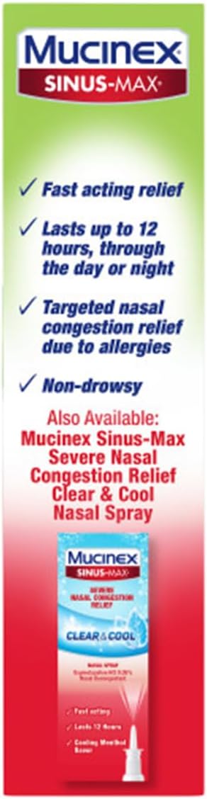 Mucinex Sinus-Max Nasal Spray for Sinus & Allergy, Fast-Acting & Fragrance Free, 12 Hour Severe Nasal Congestion Relief, 0.75 Fl Oz (Pack of 4)