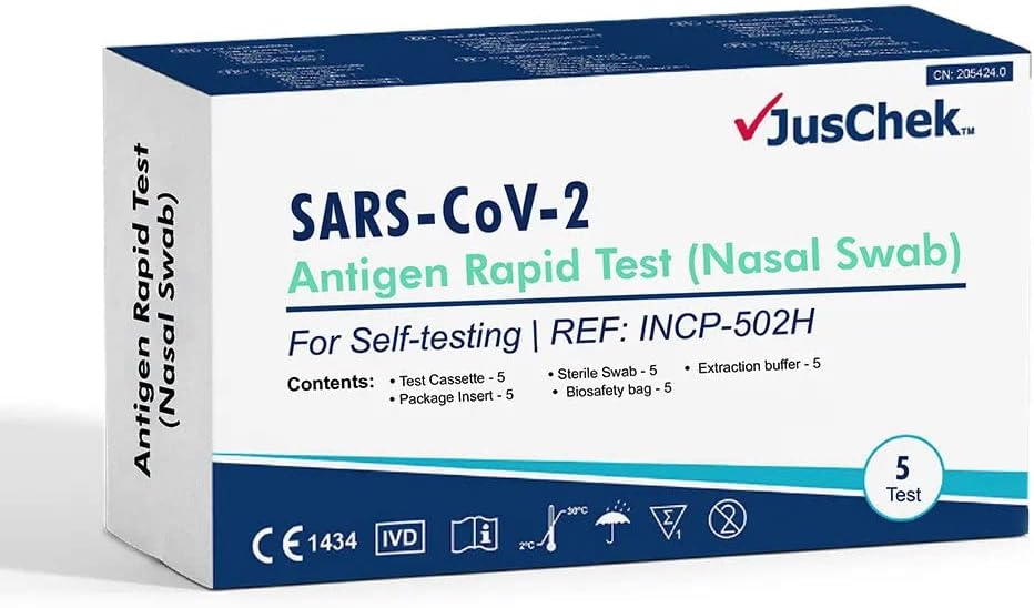 JusChek SARS-CoV-2 Rapid Antigen Test Kits - 5 Pack Nasal Swab