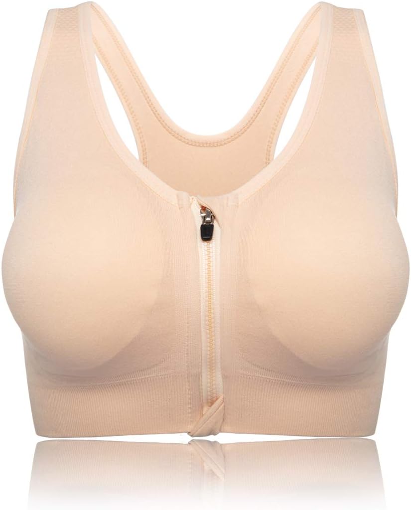 Womens Zip Front Sports Bra Wireless Post-Surgery Bra Padded Strappy Medium Support Yoga Exercise Athletic Bras