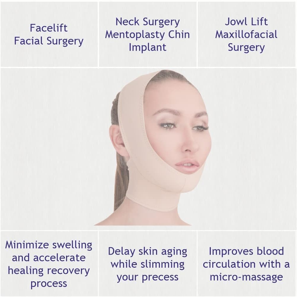 Post Surgical Chin Strap Bandage for Women - Neck and Chin Compression Garment Wrap - Face Slimmer, Jowl Tightening (S) (Beige, M)