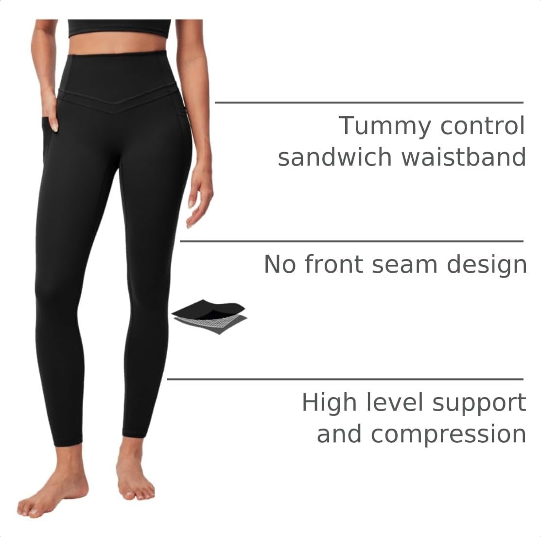 IUGA Compression Leggings with Pockets for Women Tummy Control Yoga Pants | High Waist, Deep Side Pockets, No Front Seam, Squat-Proof, Buttery Soft, Workout, Running, Gym, Athletic, Casual