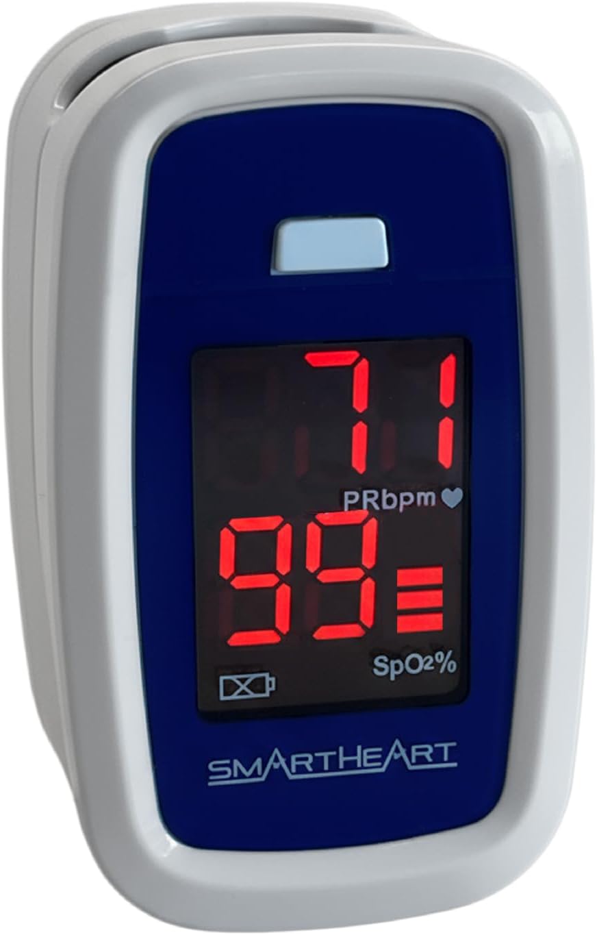 SmartHeart Fingertip Pulse Oximeter | Pulse Rate Monitor, Blood Oxygen Saturation, LED Display, Portable for Home & Sports Use, Lanyard & Batteries Included