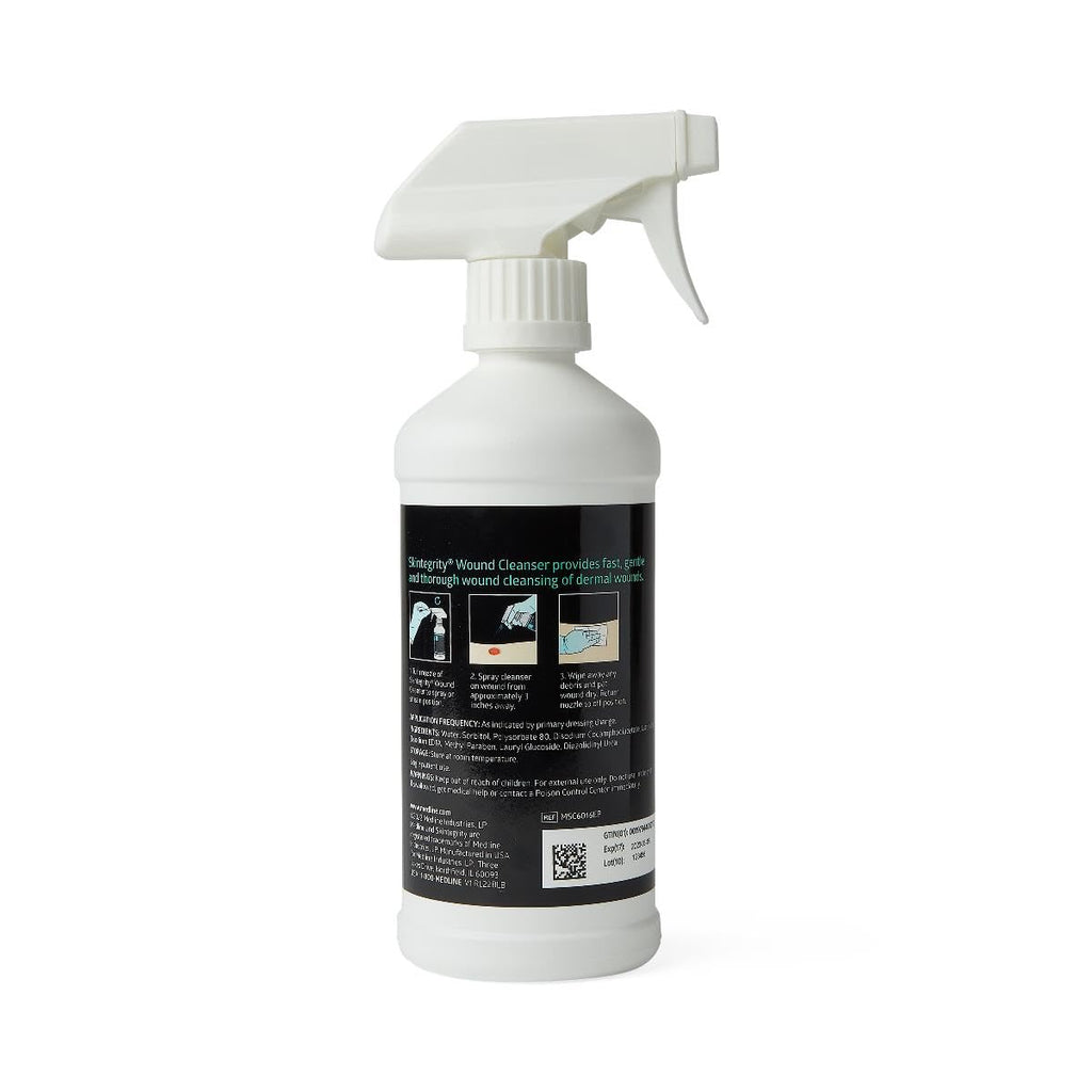 Medline Skintegrity Wound Cleanser (pack of 1), 16 ounce Spray Bottle, for wound cleaning, debridement, removing protein, pressure injuries, infected wounds, spray can be adjusted from mist to stream