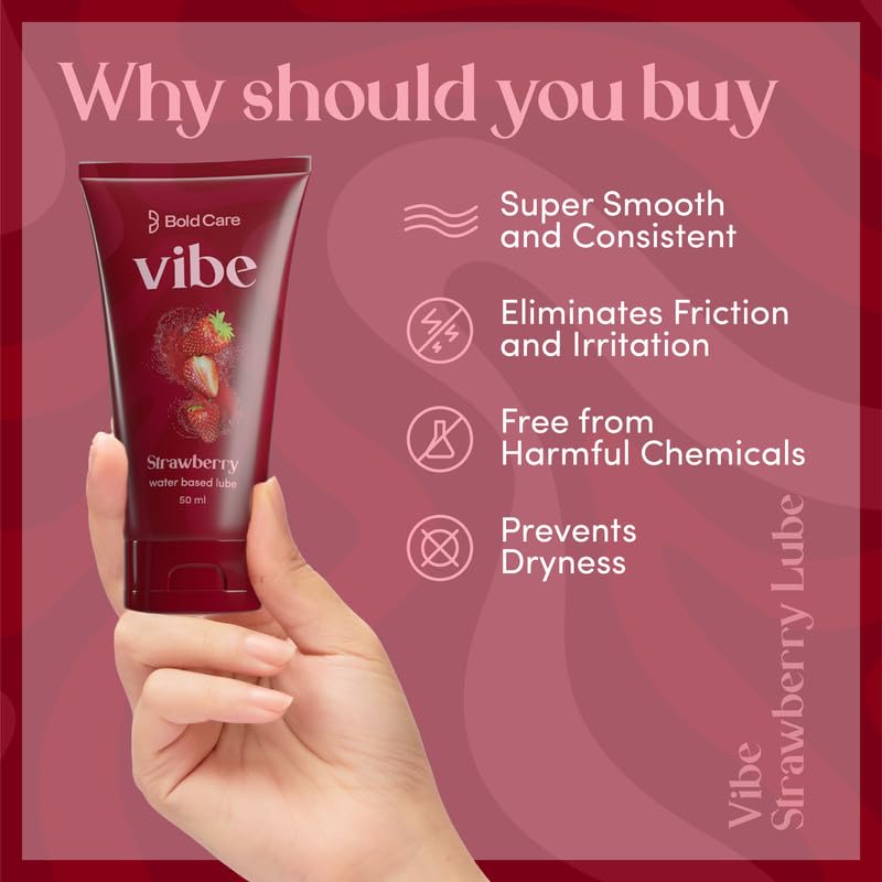 Bold Care Vibe Strawberry - Personal Lubricant for Men and Women - Premium Strawberry Flavour - Water Based Lube - Skin Friendly, Silicone and Paraben Free - No Side Effects - 50 ml
