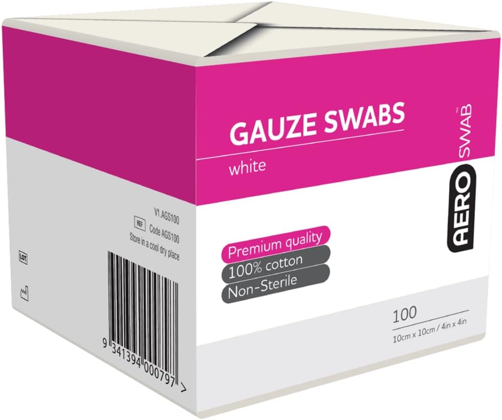 AEROSWAB Non‑Sterile White Gauze Swab, first aid absorbent 100% cotton multi‑ply gauze for cleansing and preparation,8 ply, 10 cm x 10 cm, pack of 100