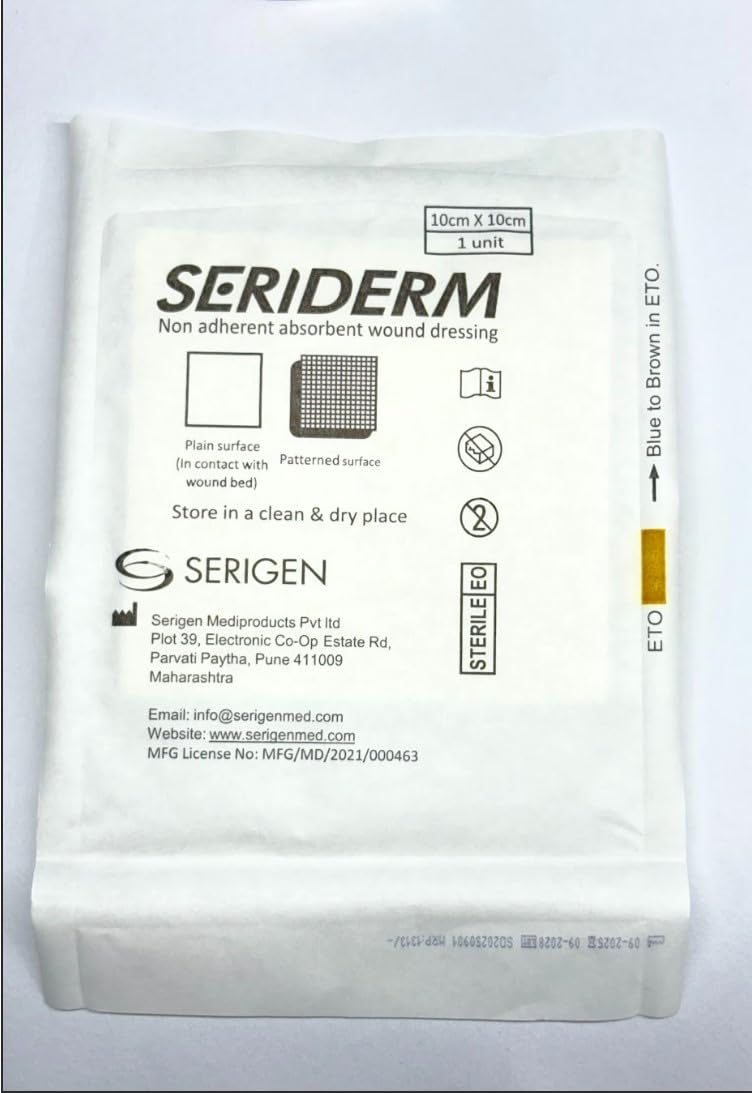 Seriderm Silk Based Non Adherent Absorbent Advanced Wound Dressing for Accelerated Healing of Diabetic Ulcers Burns Surgical Wounds Pressure Ulcers Bed Sores and Donor Sites - 10 x 10 CMS