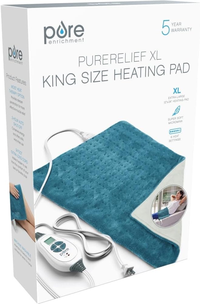 Pure Enrichment® PureRelief XL Heating Pad - 12" x 24" Electric Heating Pad for Back Pain & Cramps, 6 Heat Settings, Soft Machine Wash Fabric, Auto-Off & Moist Heat (Blue)