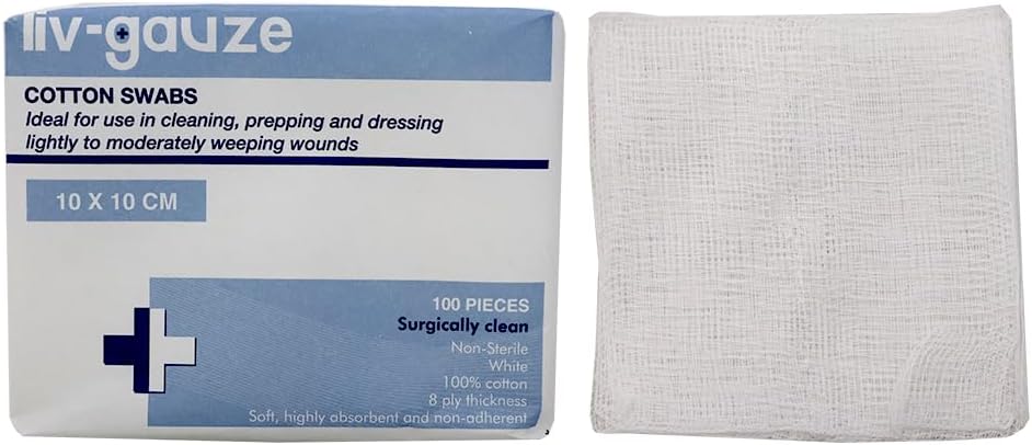 Liv Gauze Swabs 10 x 10 cm x 8 Ply Non-Sterile White Pack of 100