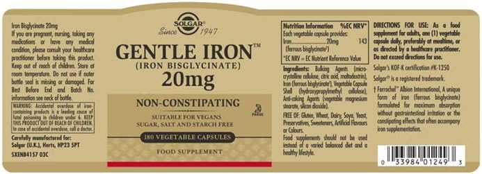 Solgar Gentle Iron, 180 Vegetable Capsules, Red Blood Cell Supplement