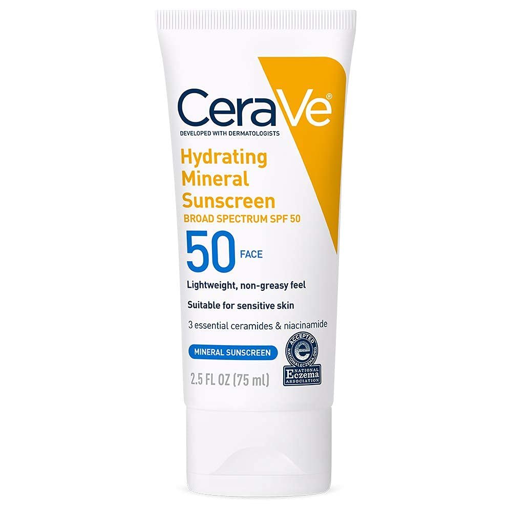 CeraVe Hydrating Mineral Sunscreen SPF 50 Face Sunscreen, Travel Size 2.5oz