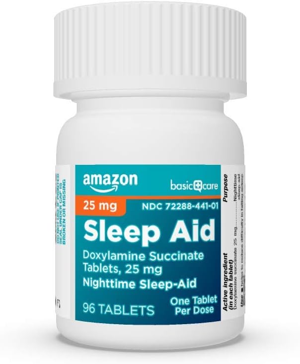 Amazon Basic Care Nighttime Sleep Aid Tablets for Adults, Doxylamine Succinate 25 mg, 96 Count