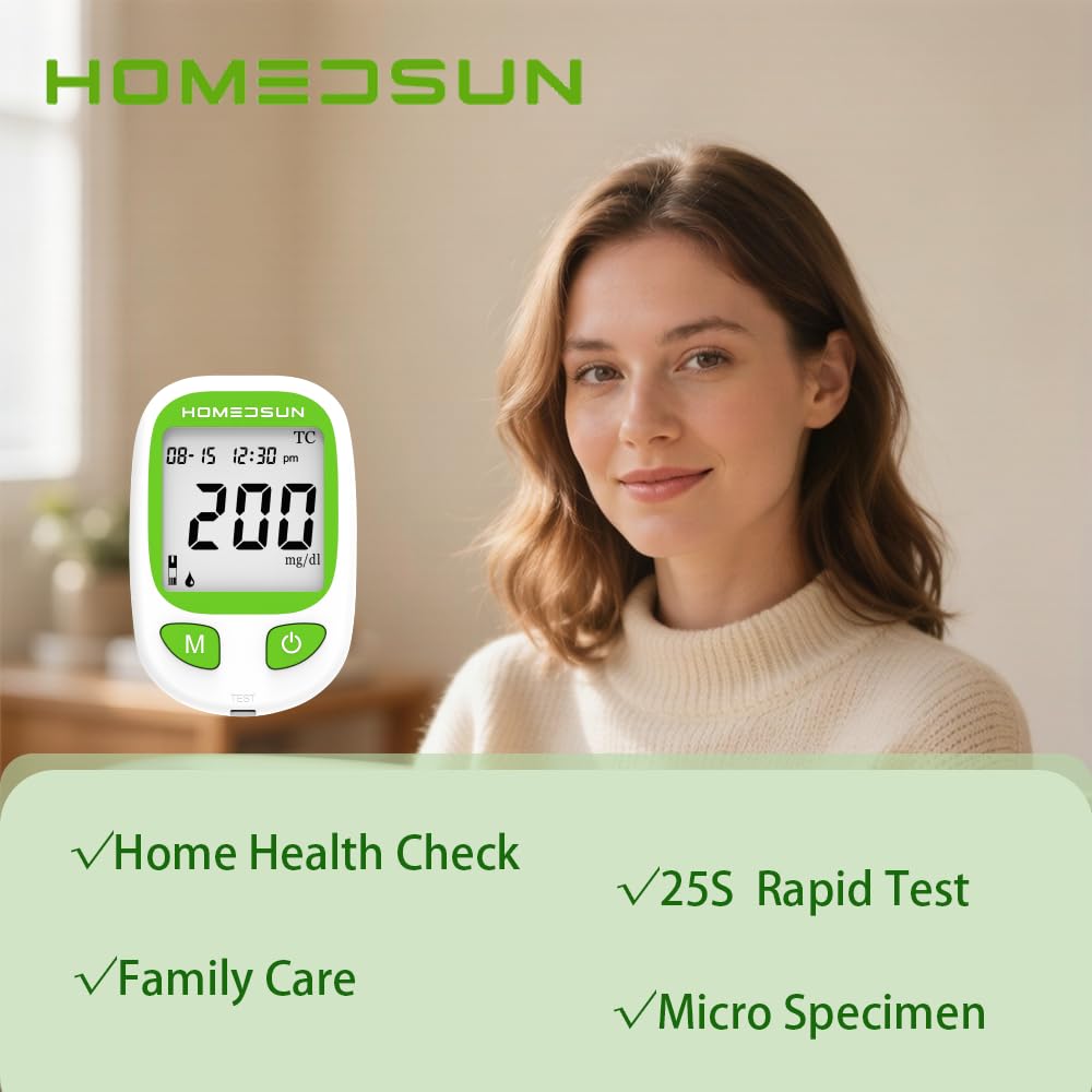 HSTCM101 Total Cholesterol Monitor Kit with 10 Strips Lancets | Home lipid panel test meter for cardiovascular health tracking, includes strips and lancets