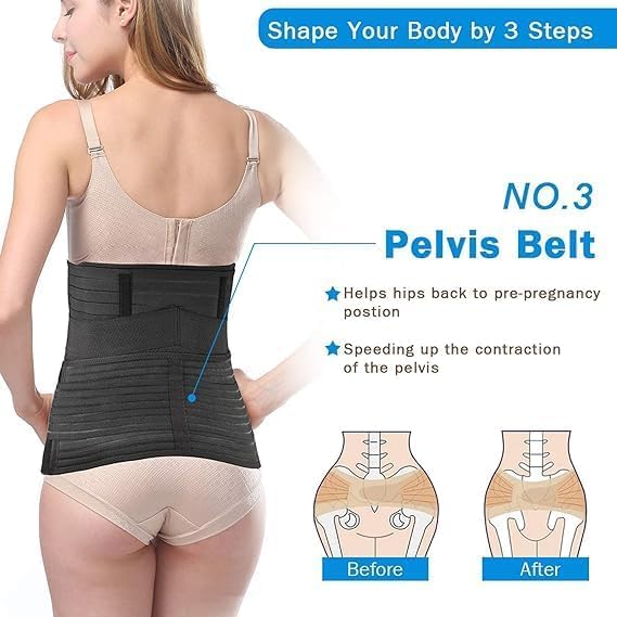 Amazon Brand - Solimo 3-In-1 Postpartum Belly Band Post Pregnancy Abdominal Belt After Delivery Waist & Pelvis Slimming Shapewear Tummy Reduction (Free Size) (BLACK)
