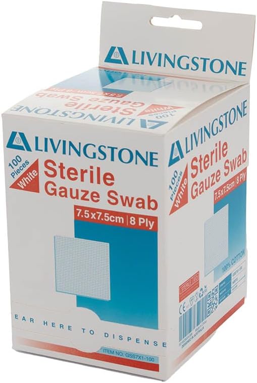 Liv Gauze Swabs 7.5 x 7.5 cm x 8 ply Sterile White 1 Piece/Pack 100 Packs/Dispenser Box