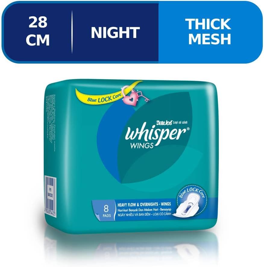 WHISPER Heavy Flow and Overnights Wings 8's, 8 count