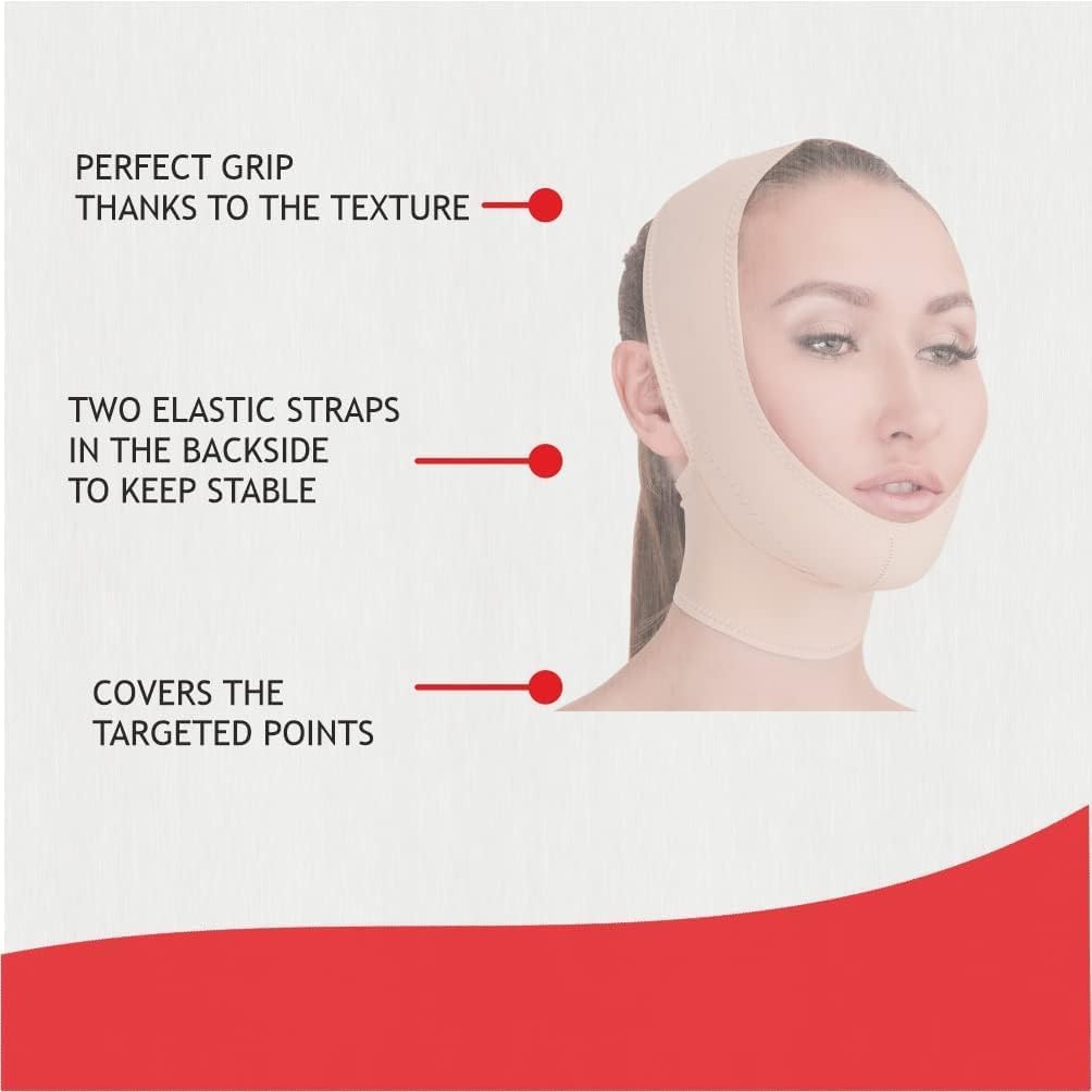 Post Surgical Chin Strap Bandage for Women - Neck and Chin Compression Garment Wrap - Face Slimmer, Jowl Tightening (S) (Beige, M)
