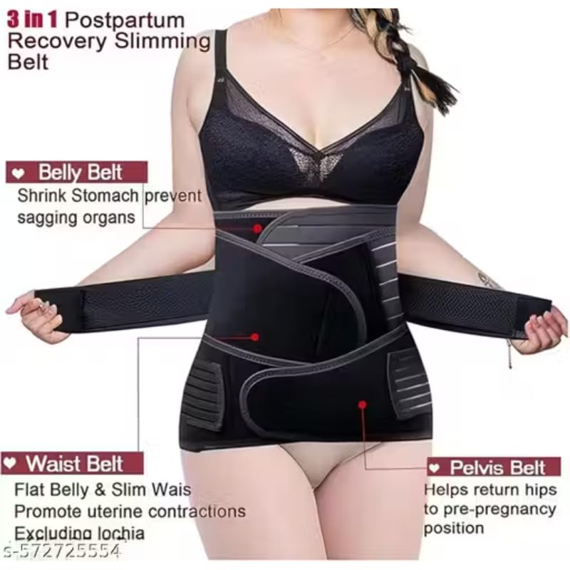 3-in-1 Postnatal Recovery Belt, Adjustable Maternity Belly Band for Postpartum Tummy Control, Back Pain Relief, Pelvic Support, Grey & Black
