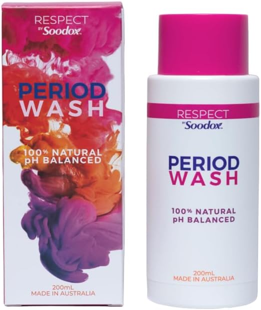 Respect by Soodox Period Wash 200mL, pH Balanced Feminine Wash for Intimate & Period Care, Gentle Sensitive Skin Cleanser, Travel Twist Cap