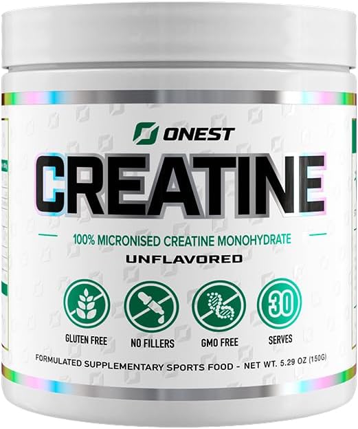 ONEST 150g (30 Servings) Micronized Creatine Monohydrate Powder – 5g per Serving Unflavoured Creatine Powder for Muscle Gain with Gluten-Free & GMO-Free Formula for Post Workout for Men & Women