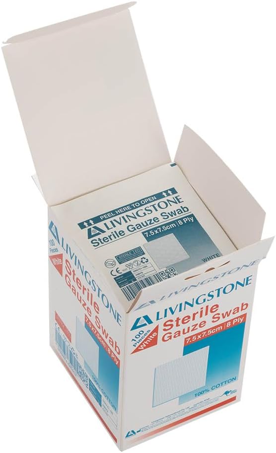 Liv Gauze Swabs 7.5 x 7.5 cm x 8 ply Sterile White 1 Piece/Pack 100 Packs/Dispenser Box