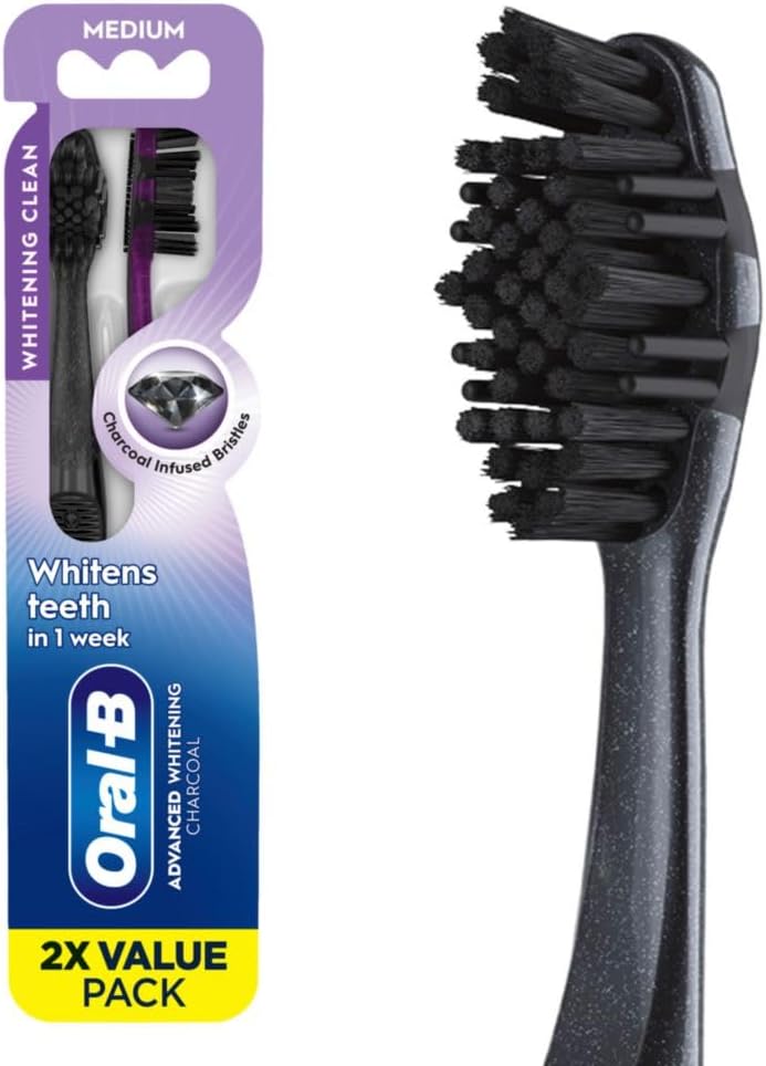 Oral-B 3D White Charcoal Manual Toothbrush, 2-Pack, Medium Bristles, Teeth Whitening Brushes for Adults