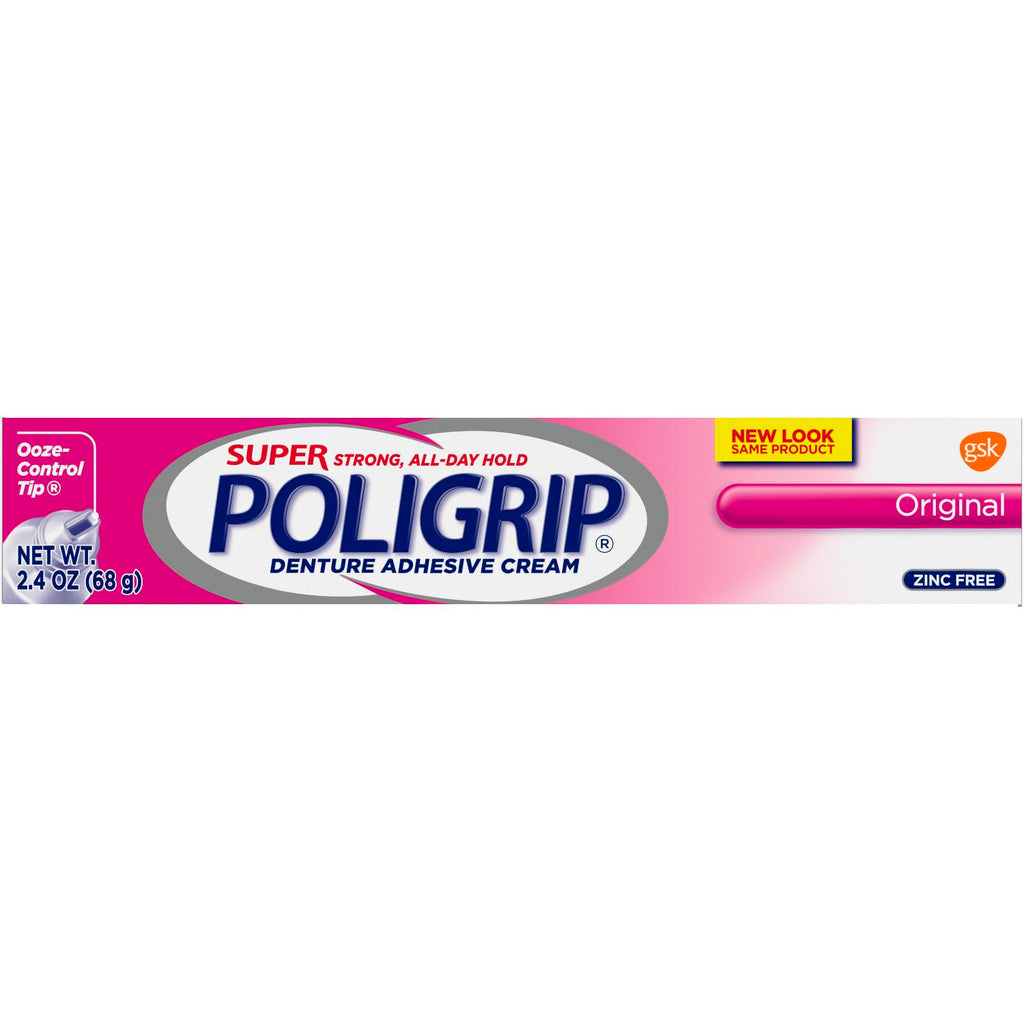 Super Poligrip Original Denture Adhesive Cream, Zinc Free Denture Cream for Dentures - 2.4 Ounces (Pack of 4)