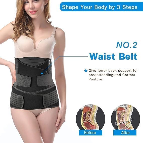 Amazon Brand - Solimo 3-In-1 Postpartum Belly Band Post Pregnancy Abdominal Belt After Delivery Waist & Pelvis Slimming Shapewear Tummy Reduction (Free Size) (BLACK)