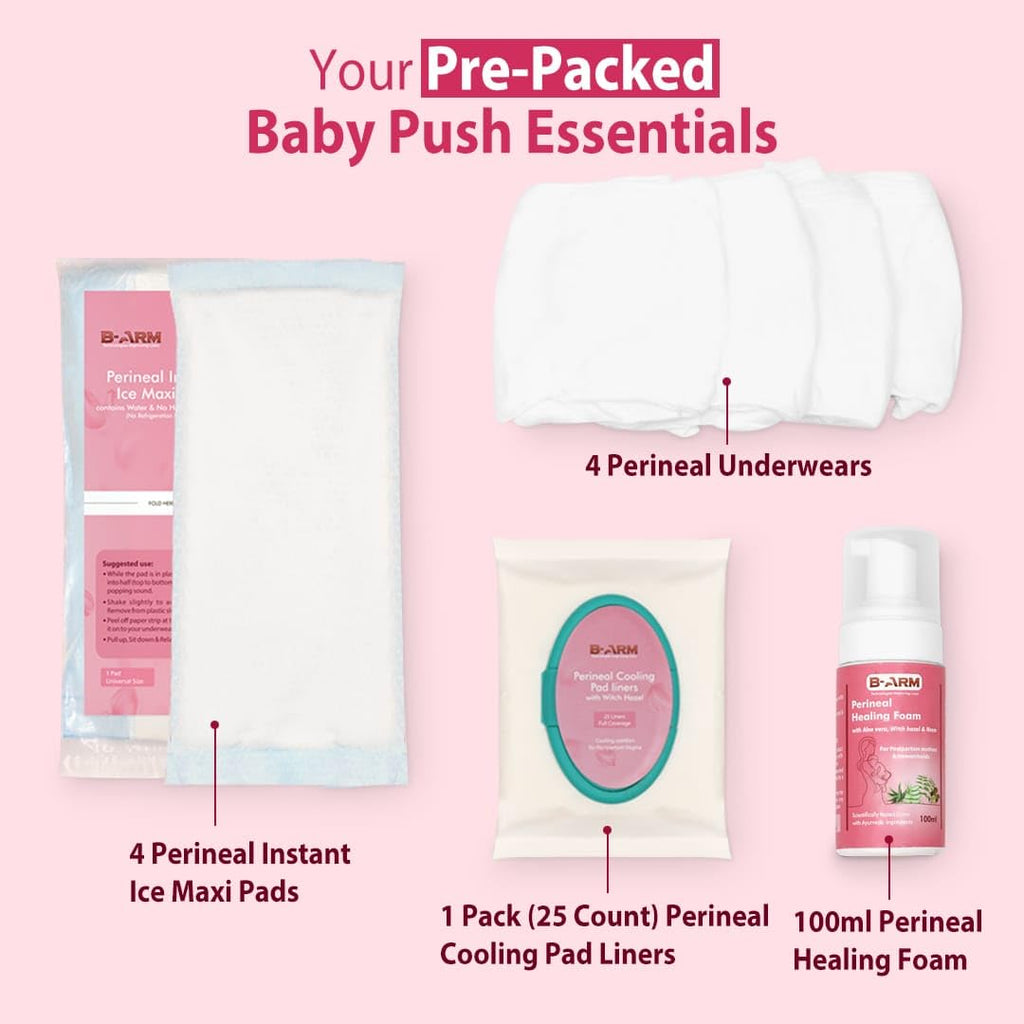 B-Arm Normal Delivery Postpartum Recovery Kit(10 pcs)|Includes 4 Disposable Underwear, 4 Icemaxi pads, 100ml Perineal Healing Foam, Pack of 25 Witch Hazel Padliners| New Mom's Hospital Bag Must-have